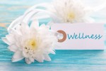 Label with the blue Word Wellness on turquiose Background with white Flowers