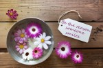 Silver Bowl With Label With Life Quote Be The Reason Someone Smiles With Purple And White Cosmea Blossoms On Wooden Background Vintage Retro Or Rustic Style